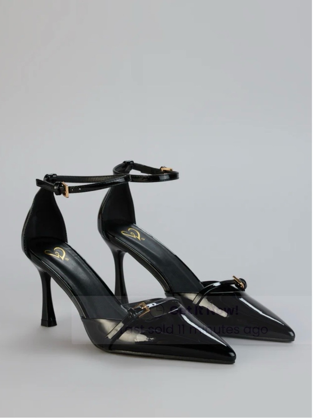 Women's Black Patent Pointed-Toe Ankle-Strap Heels
